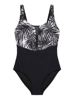 Black White Palm Print One Piece Swimsuit Tummy Control Size 10 NWT